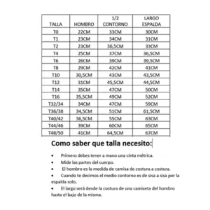 tabla medidas chaleco huertano